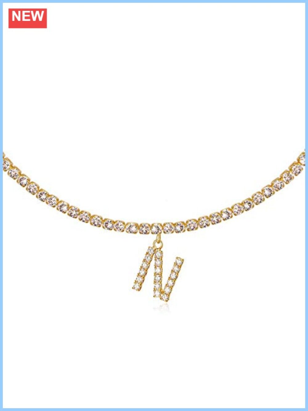 14k Gold Plated Initial Letter Necklace Tennis Chain CZ Pendant Choker for Women